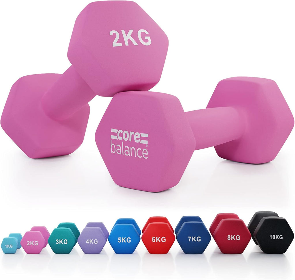 Core Balance Dumbbell Pair Hex Weight Neoprene Coated Cast Iron Strength Training (2 x 1kg, 2kg, 3kg, 4kg, 5kg, 6kg, 7kg, 8kg, or 10kg)
